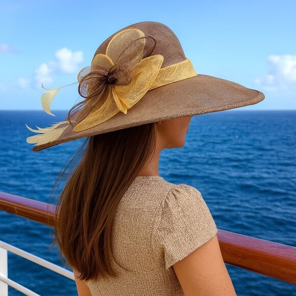 August Wide Brim Straw Hat Natural Feather Bow Vintage Elegant Church Derby - Picture 1 of 14